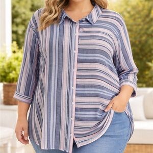 Catherines Women 3/4 Sleeve Blouse Top Button Shirt Size 3X Blue Pink Stripped